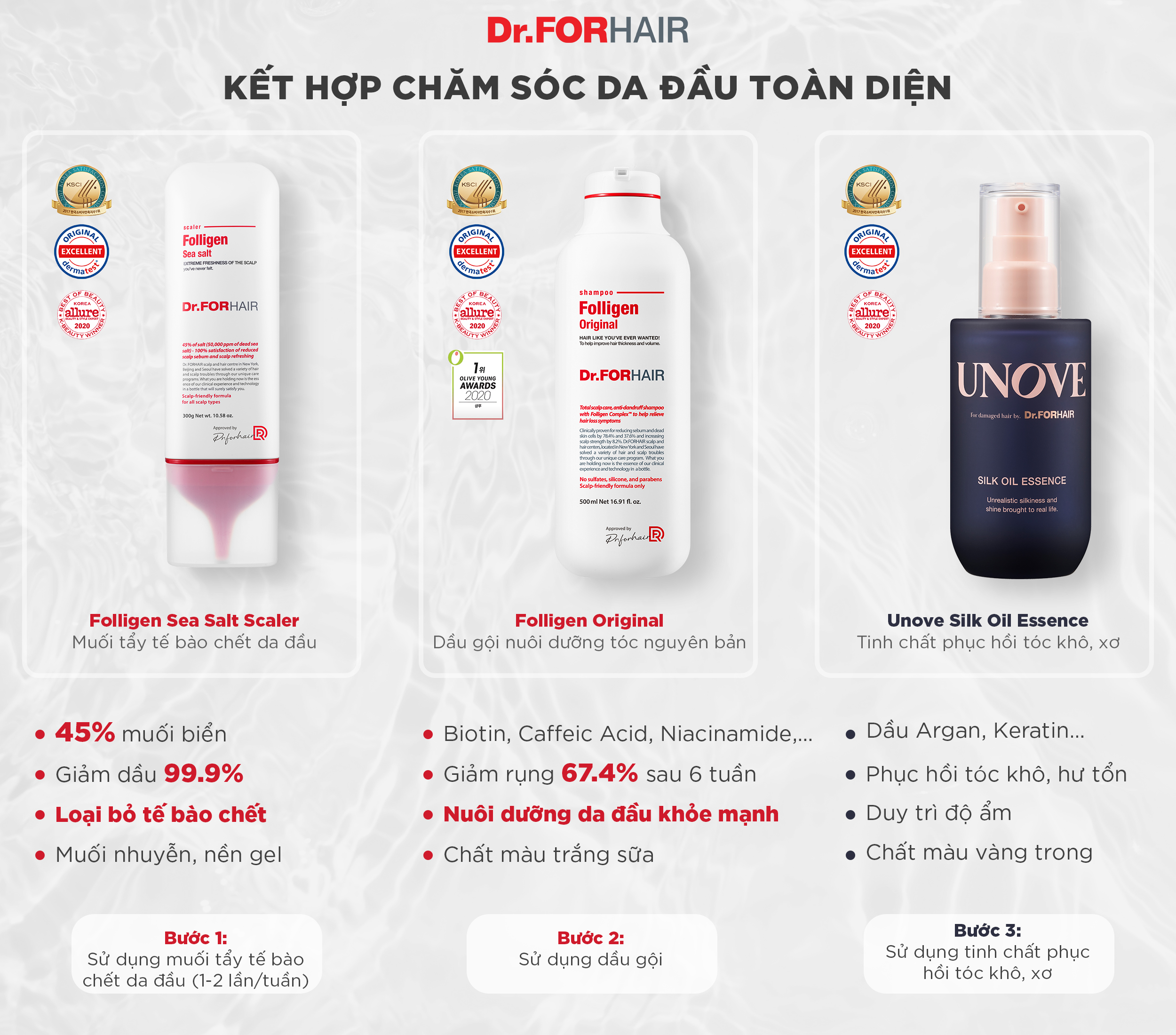 Dầu gội Folligen Original kết hợp cùng Muối tẩy và Dầu dưỡng Unove Silk Oil Essence
