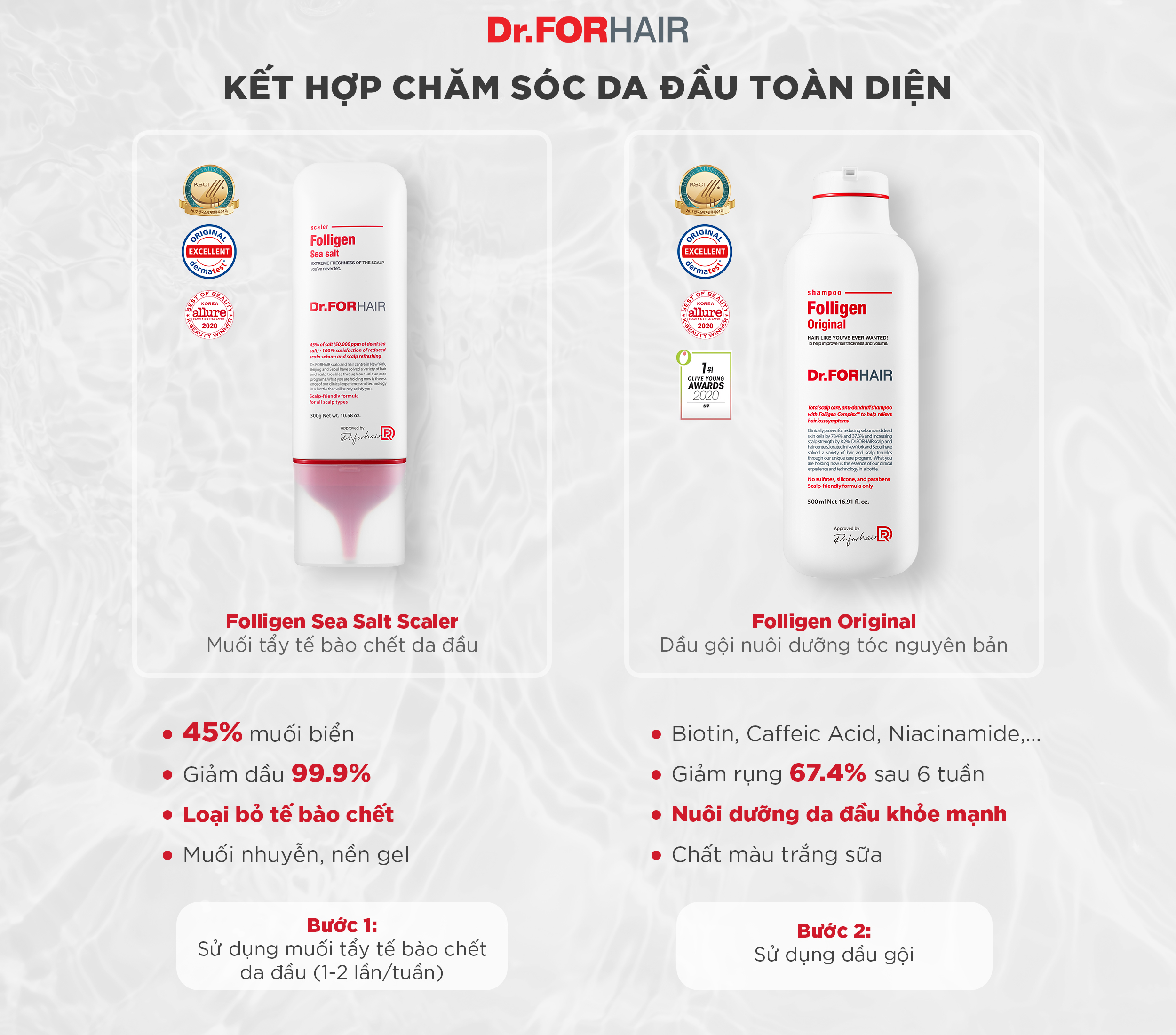 Kết hợp Dầu gội Folligen Original cùng Folligen Sea Salt Scaler