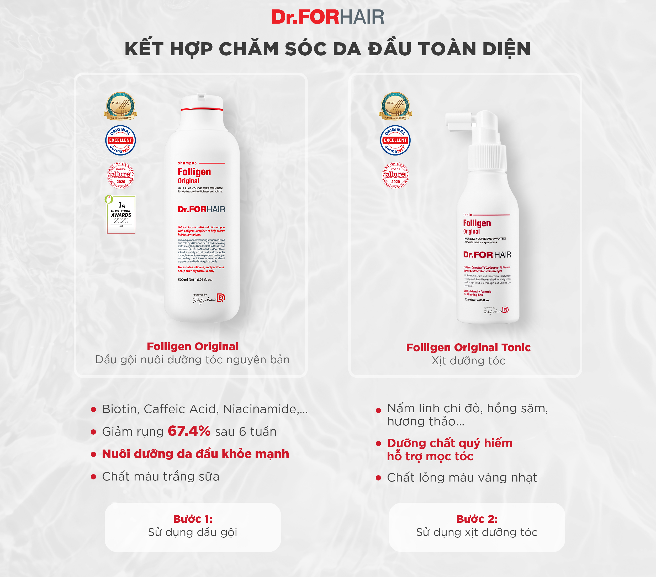 Dầu gội Folligen Original kết hợp cùng Xịt dưỡng Folligen Original Tonic