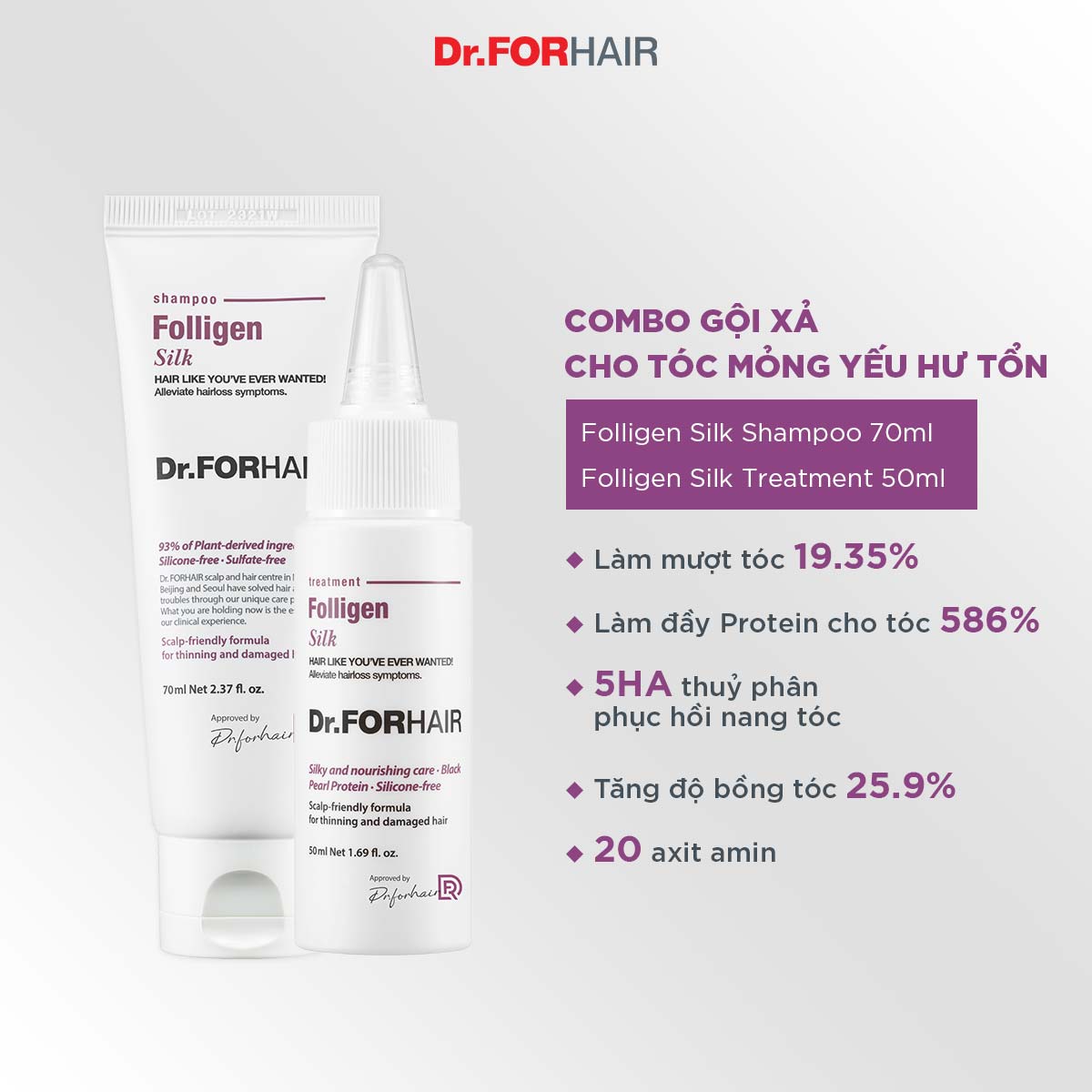 Bộ gội xả dưỡng mini cho tóc mỏng yếu, hư tổn Dr.FORHAIR FOLLIGEN SILK x FOLLIGEN SILK