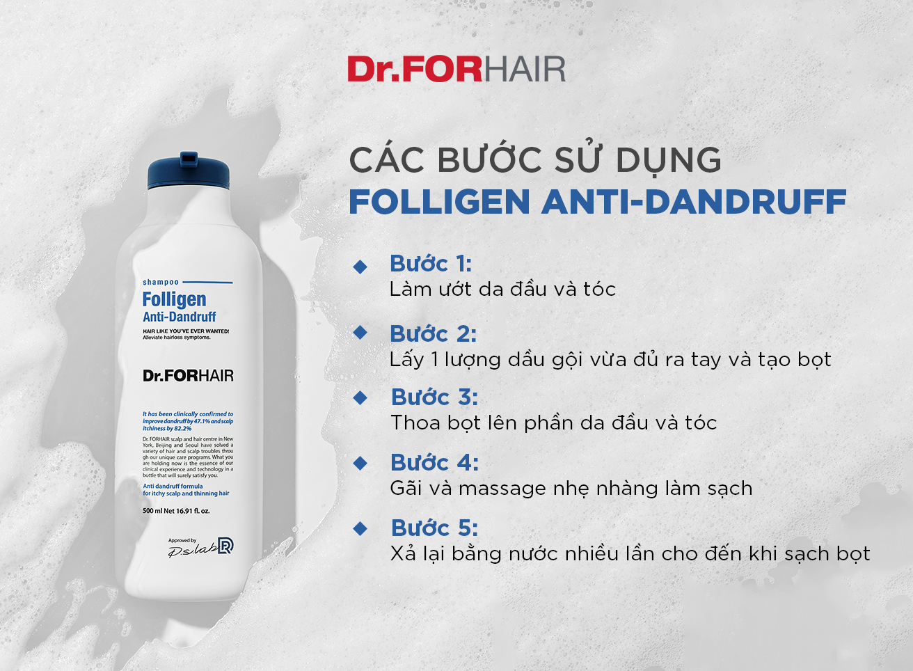 Các bước sử dụng dầu gội Folligen Anti-Dandruff