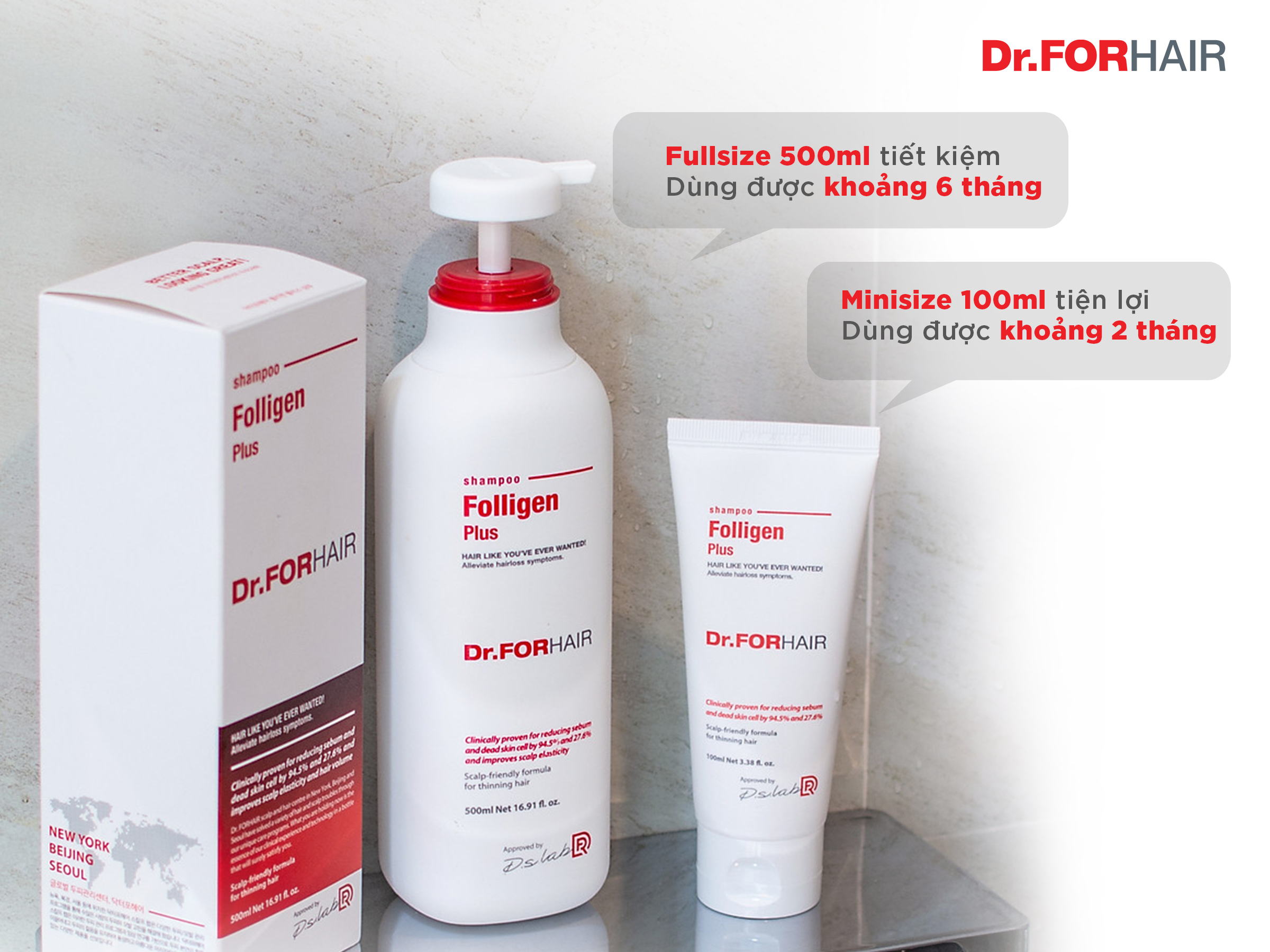 Dầu gội Folligen Plus có cả Fullsize và Minisize