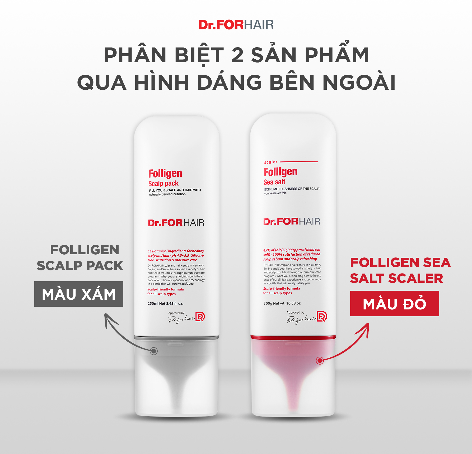 Folligen Sea Salt Scaler có đầu bơm màu đỏ và Folligen Scalp Pack có đầu bơm màu xám