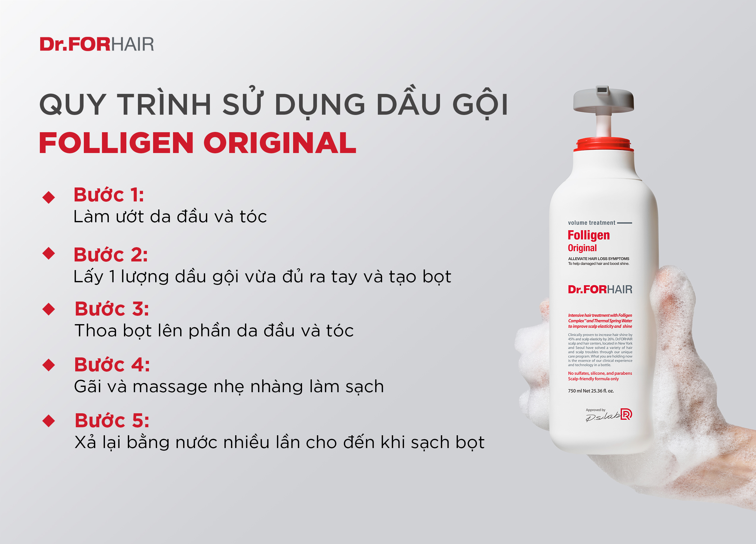 Các bước sử dụng dầu gội Folligen Original
