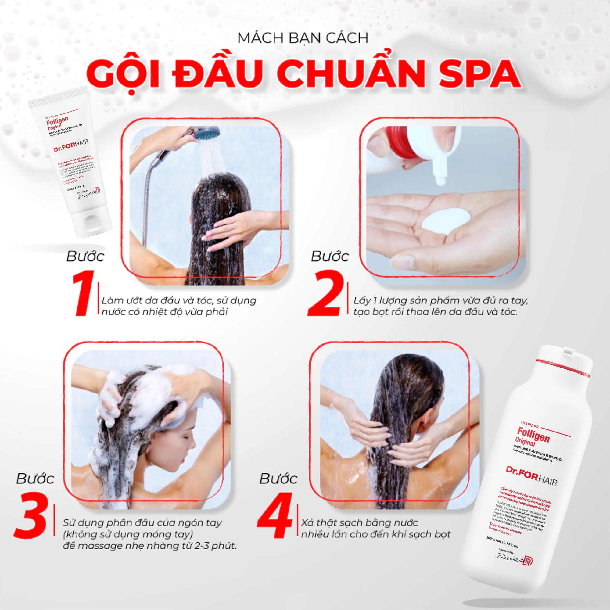 4 bước dùng dầu gội Folligen Original hiệu quả cho tóc
