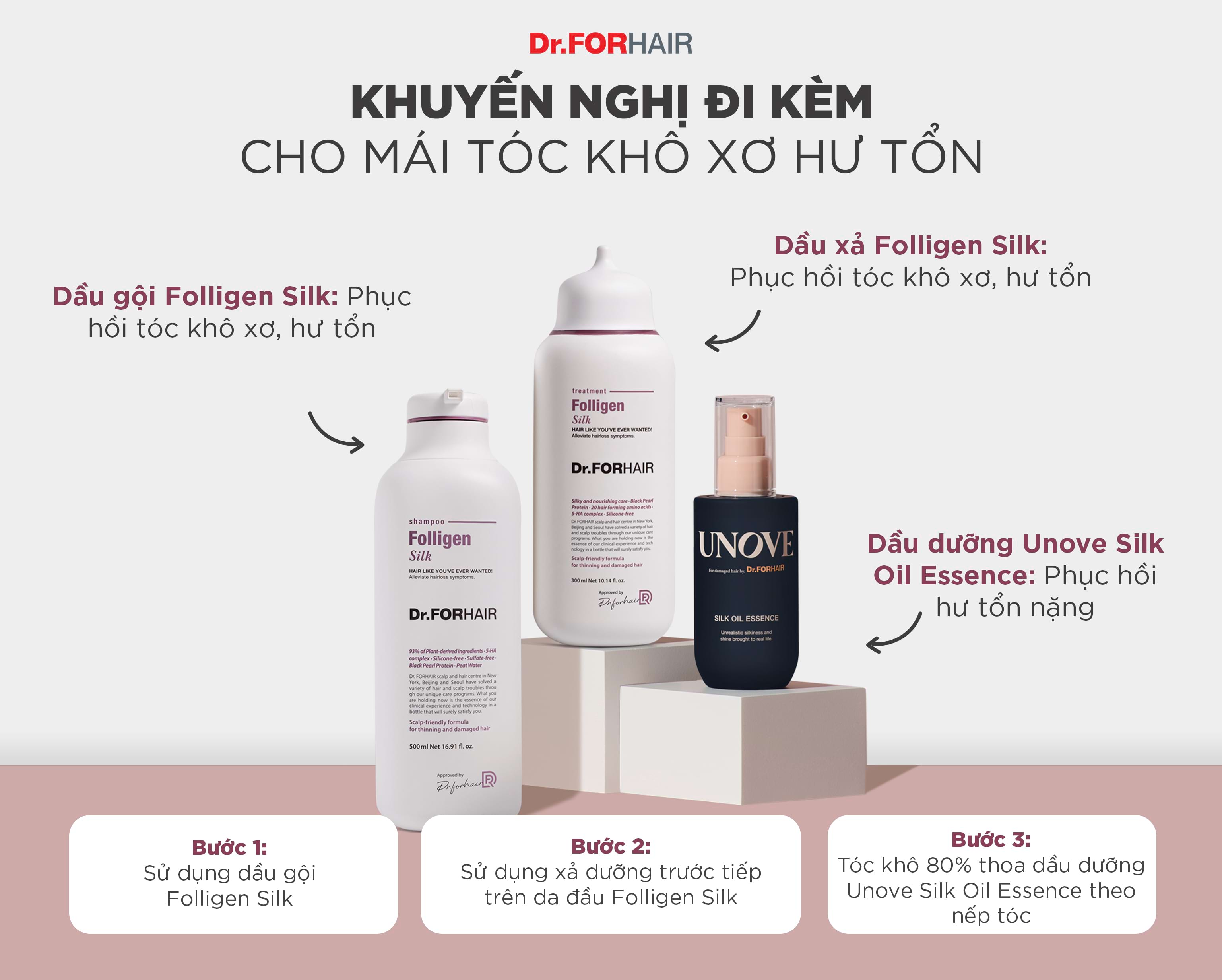 dầu gội Folligen Silk với dầu xả Folligen Silk và dầu dưỡng tóc Unove Silk Oil Essence