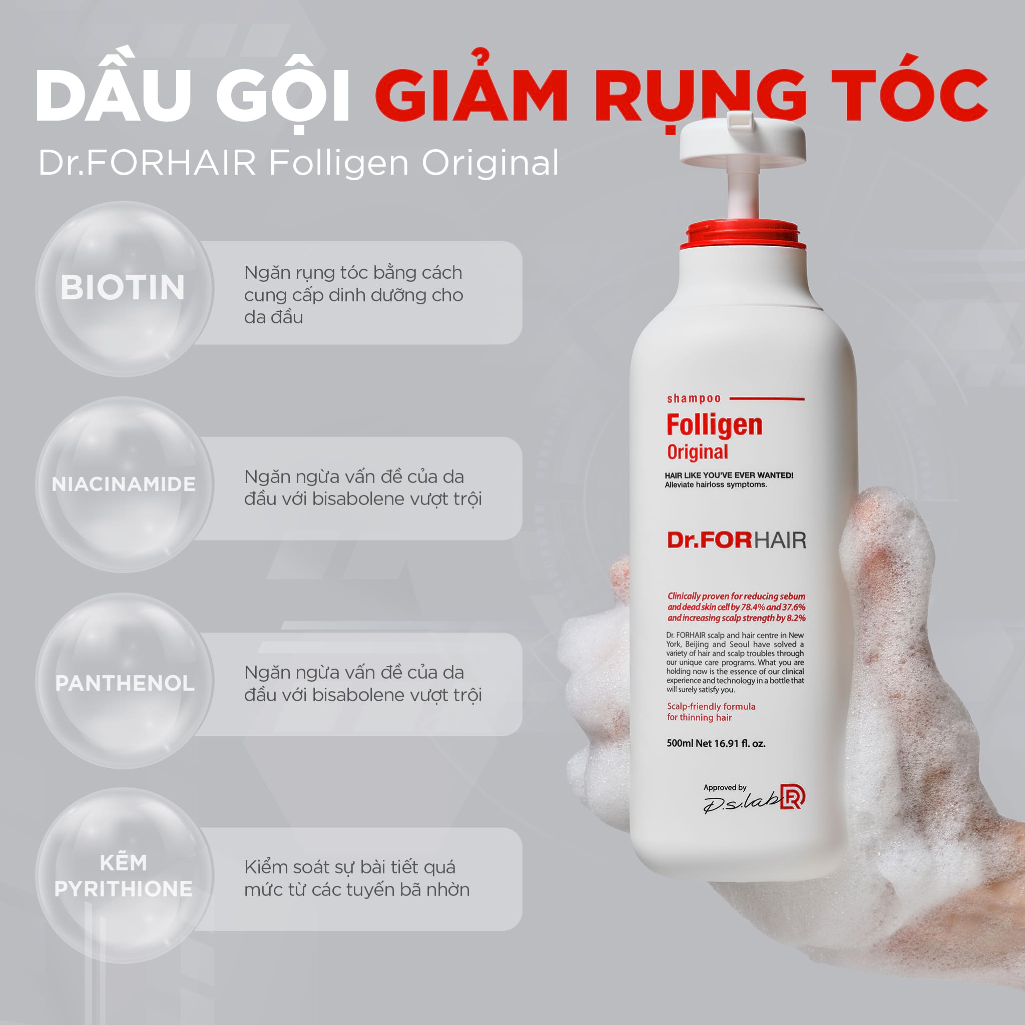 Dầu gội Folligen Original cung cấp dưỡng chất nuôi dưỡng nang tóc, ngăn ngừa rụng tóc