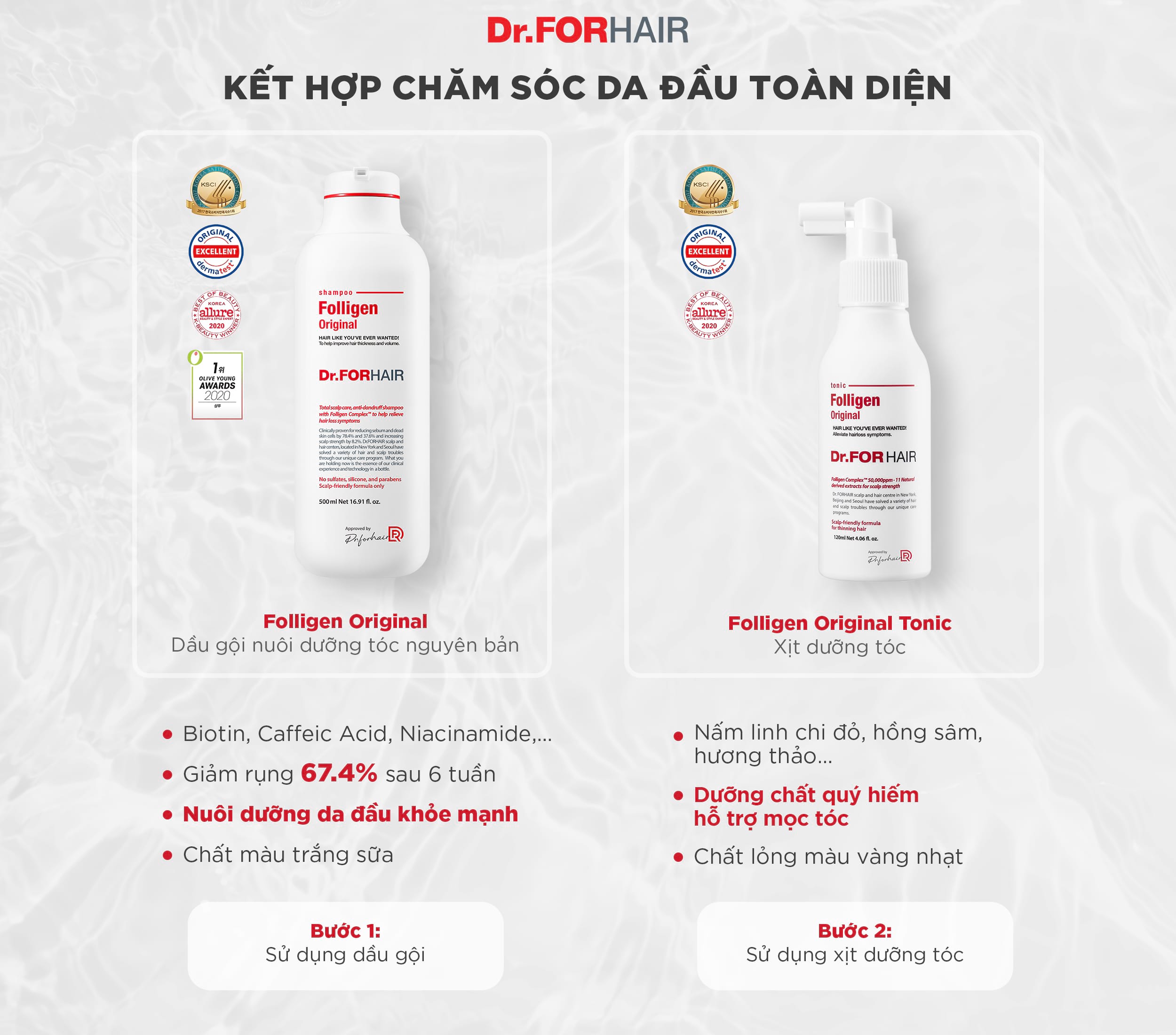 Kết hợp dầu gội Folligen Original cùng xịt dưỡng Folligen Tonic